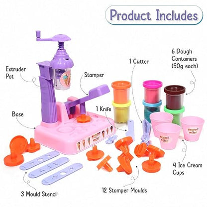 Scoop ‘n Play Ice Cream Maker Set for Kids – 36 Pcs Play Dough Kit with 6 Colors Non-Toxic Modeling Clay, DIY Dessert Station, Creative Kitchen Toys for Boys & Girls Ages 3+ (Gift for Birthdays)