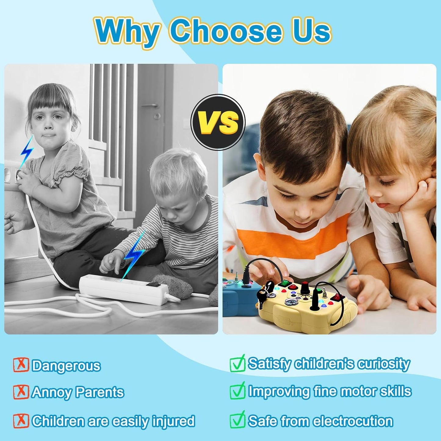 Busy Board, Montessori Toys, LED Busy Board for Toddlers, Light up Sensory Toys with 8 Switches and 12 LED Lights