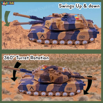 Friction Powered Army Tank Vehicle with Lights and Sounds, Pretend War & Action Toy for Kids, Brown