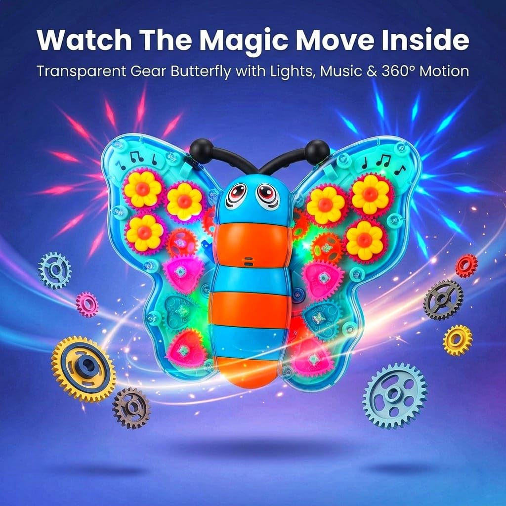 PotPicks Transparent Gear Butterfly Toy with Lights & Music | Battery Operated Bump & Go Musical Toy | Rotating Wings Interactive Sensory Learning...