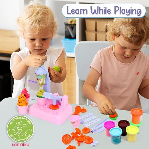 Scoop ‘n Play Ice Cream Maker Set for Kids – 36 Pcs Play Dough Kit with 6 Colors Non-Toxic Modeling Clay, DIY Dessert Station, Creative Kitchen Toys for Boys & Girls Ages 3+ (Gift for Birthdays)