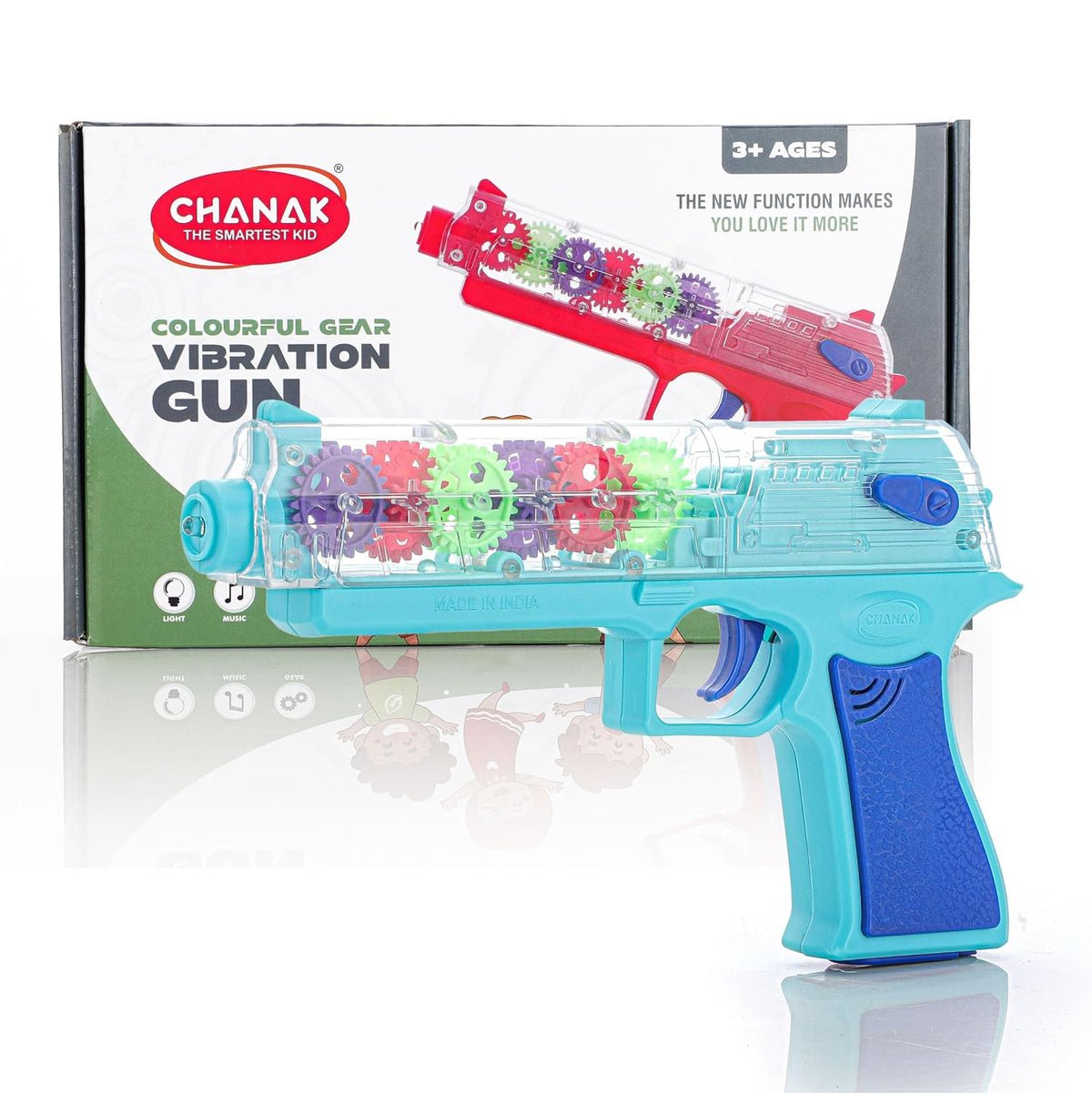 Colorful vibration gun toy in blue and red for ages 3 and up with fun interactive features