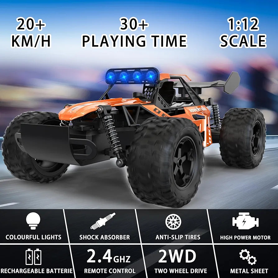RC Monster Truck for Kids Ages 4–8, 1:12 Remote Control Car with Alloy Shell, 15.5 MPH (25KM/H) Fast Off Road Orange RC Car with 2 Speed Modes & LED Lights, 2.4GHz Easy Control Toy Gift for Boys