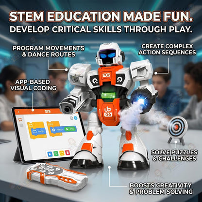 RC Robot Toy | 2.4GHz Remote Control | Mist Spray, Soft Foam Projectile Launcher & LED Lights | Rechargeable Interactive Robot Toy for Boys & Girls...