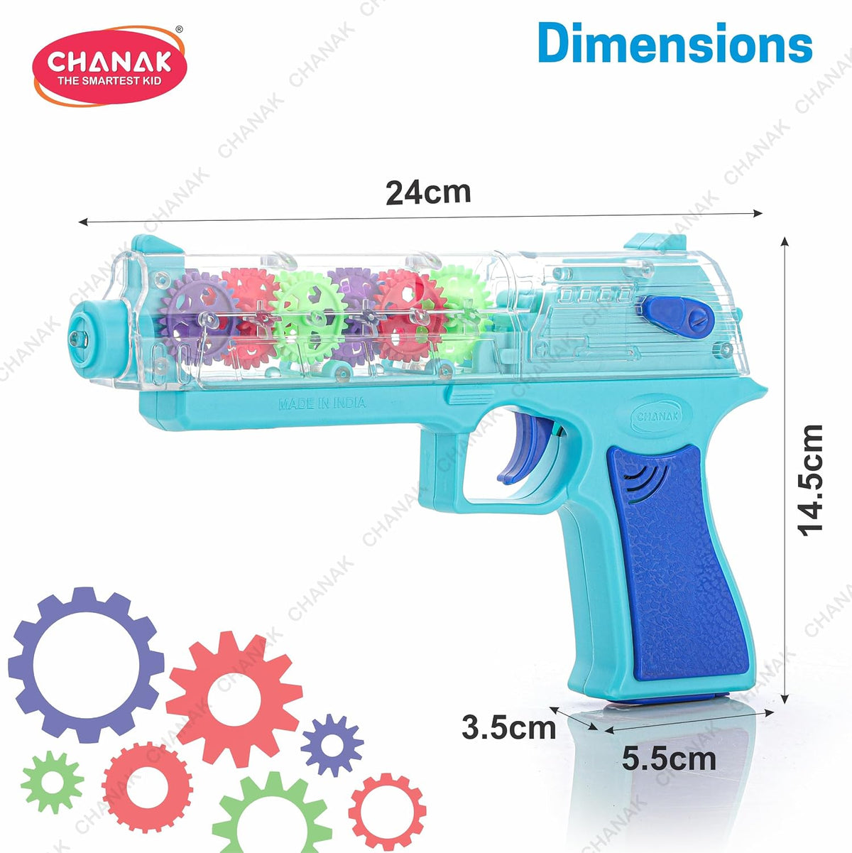 Light blue toy gun with colorful gears for kids, ideal for imaginative play and educational activities