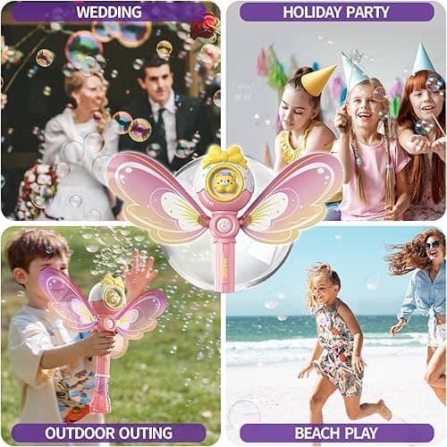 Four scenes with a pink butterfly-shaped bubble wand, including wedding, holiday party, outdoor outing, and beach play.