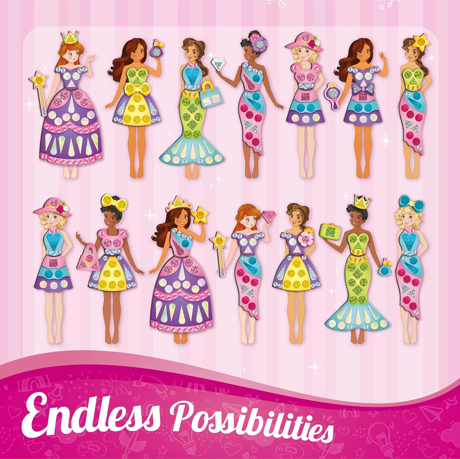 Set of colorful dolls with dresses on a pink background