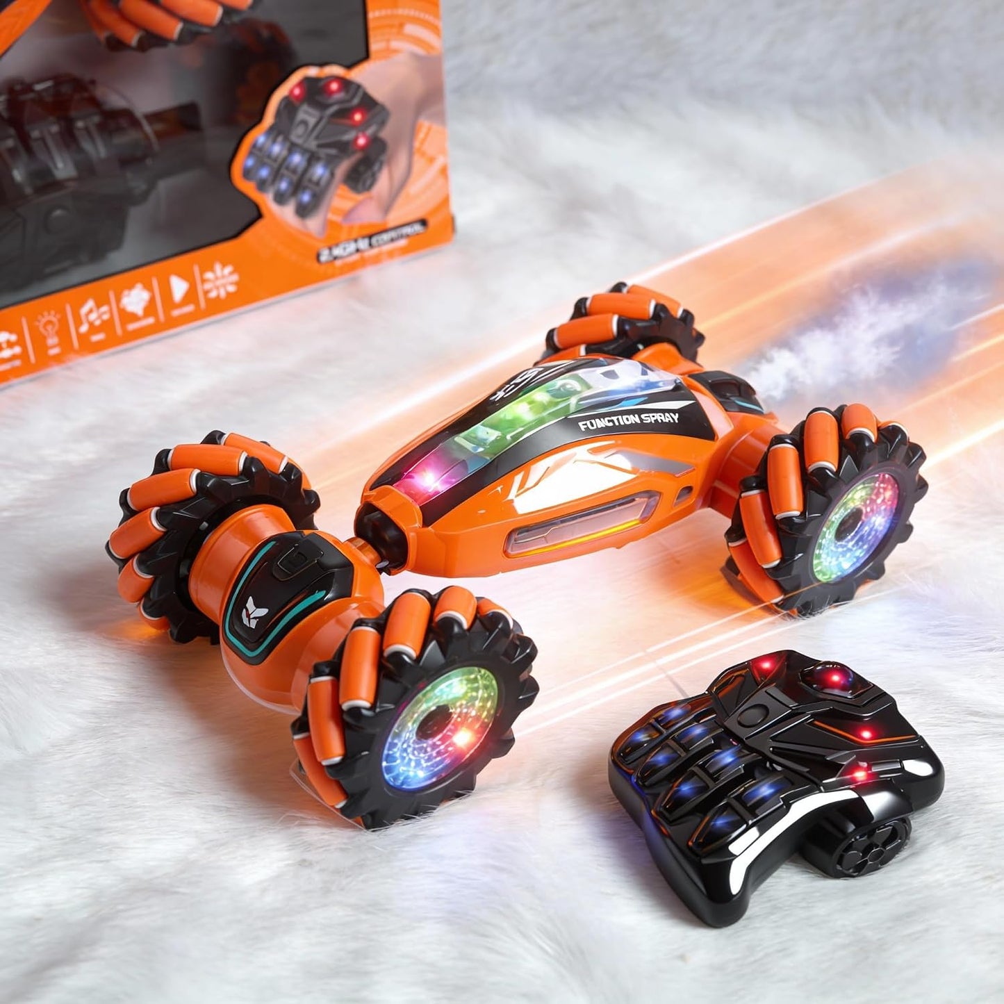 Stunt Multifuction Racing Spray Car for Kids Spray Function Lighting Music Transform Button Forward Backward, Turn Left and Right for Kids 2.4GHZ Remote...