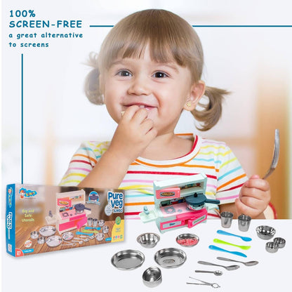 Sunny 21 Pieces Pure Veg Jumbo Kitchen Play Set with Plastic Kitchen Stand & Stainless Steel Utensils
