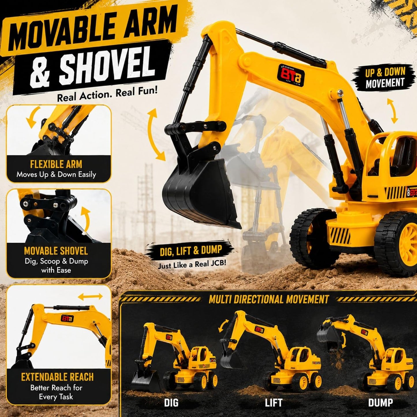 Remote Control JCB Excavator Toy for Kids, Rechargeable Construction Digger with USB Charging, 6 Function Controller, Realistic Arm Movement, LED Lights...