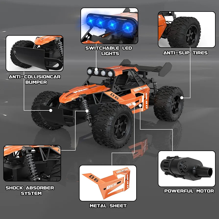 RC Monster Truck for Kids Ages 4–8, 1:12 Remote Control Car with Alloy Shell, 15.5 MPH (25KM/H) Fast Off Road Orange RC Car with 2 Speed Modes & LED Lights, 2.4GHz Easy Control Toy Gift for Boys
