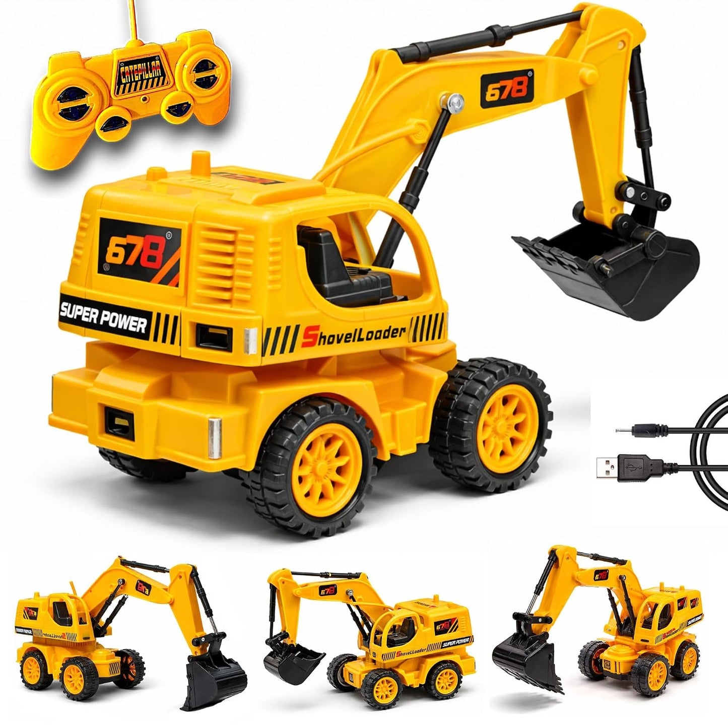 Remote Control JCB Excavator Toy for Kids, Rechargeable Construction Digger with USB Charging, 6 Function Controller, Realistic Arm Movement, LED Lights...