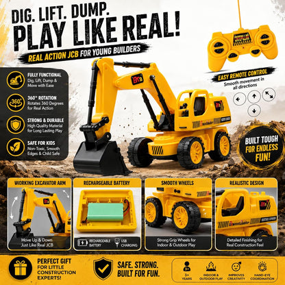 Remote Control JCB Excavator Toy for Kids, Rechargeable Construction Digger with USB Charging, 6 Function Controller, Realistic Arm Movement, LED Lights...