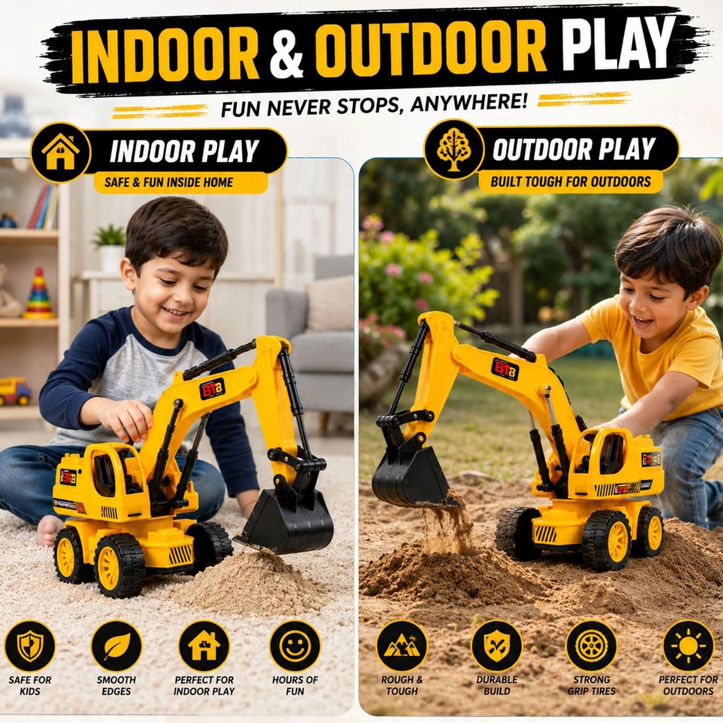 Remote Control JCB Excavator Toy for Kids, Rechargeable Construction Digger with USB Charging, 6 Function Controller, Realistic Arm Movement, LED Lights...