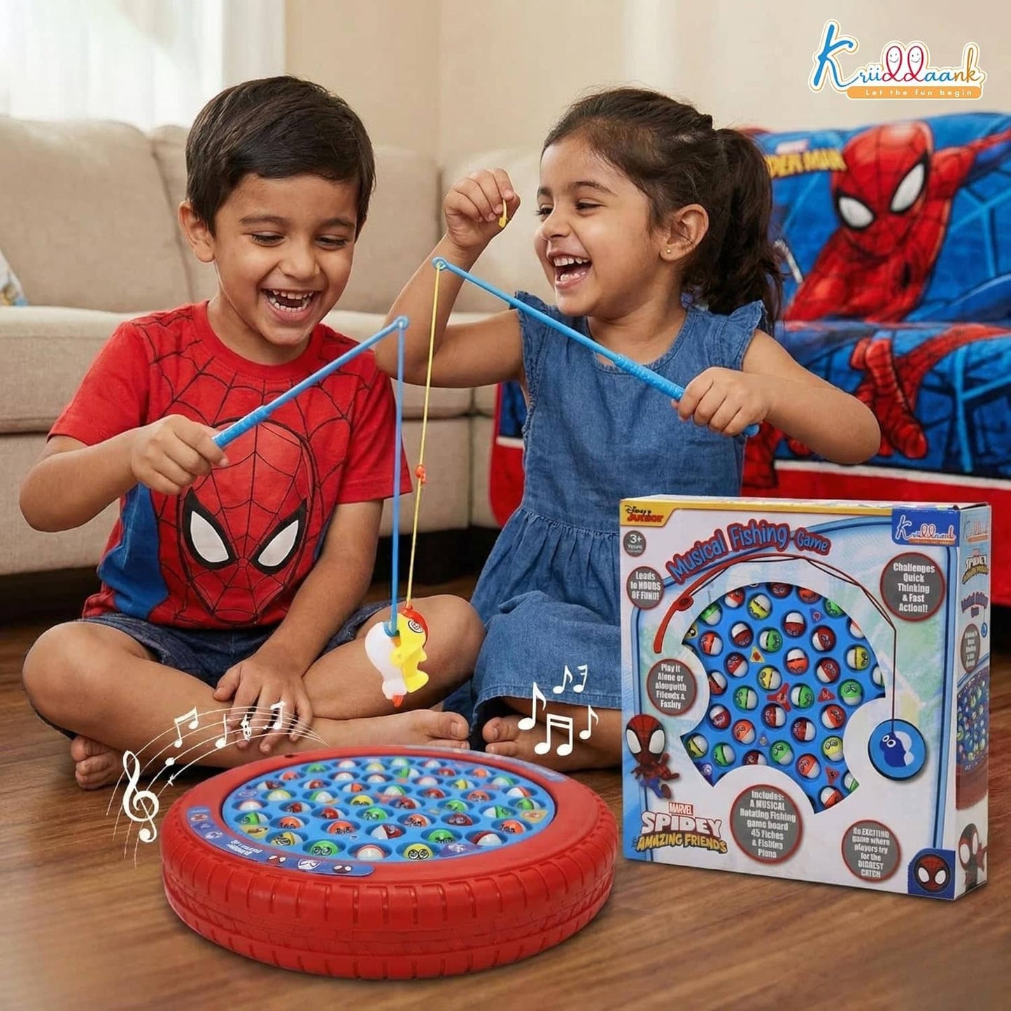Kriiddaank Spiderman Theme Musical Rotating Fishing Game for Kids - Battery Operated Learning Toy with 45 Fishes & 4 Fishing Poles - Fun Interactive...