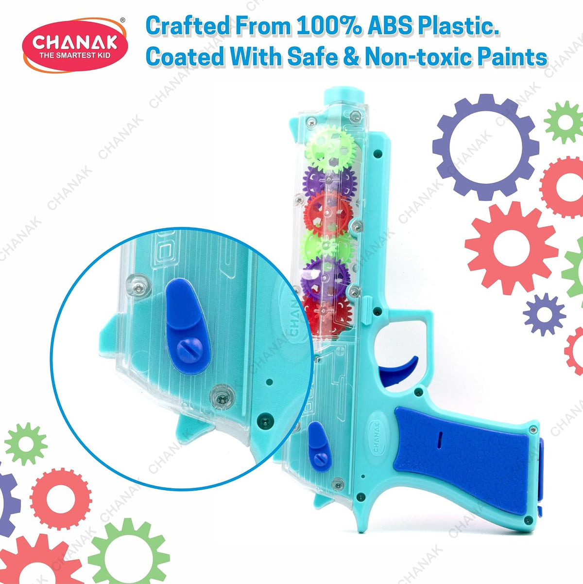 Blue gun cleaning gear with colorful gears, made from safe ABS plastic for kids