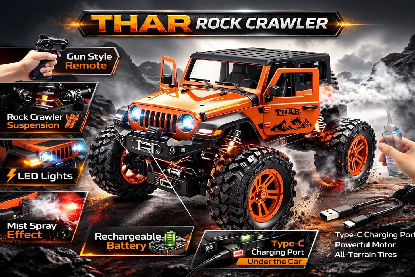 TEC TAVAKKAL 75 Feet+ Range Remote Control Off Road Rock Climbing Car for Kids, Rechargeable Thar Toy with Mist Spray, Openable Doors, Front LED, Shock...