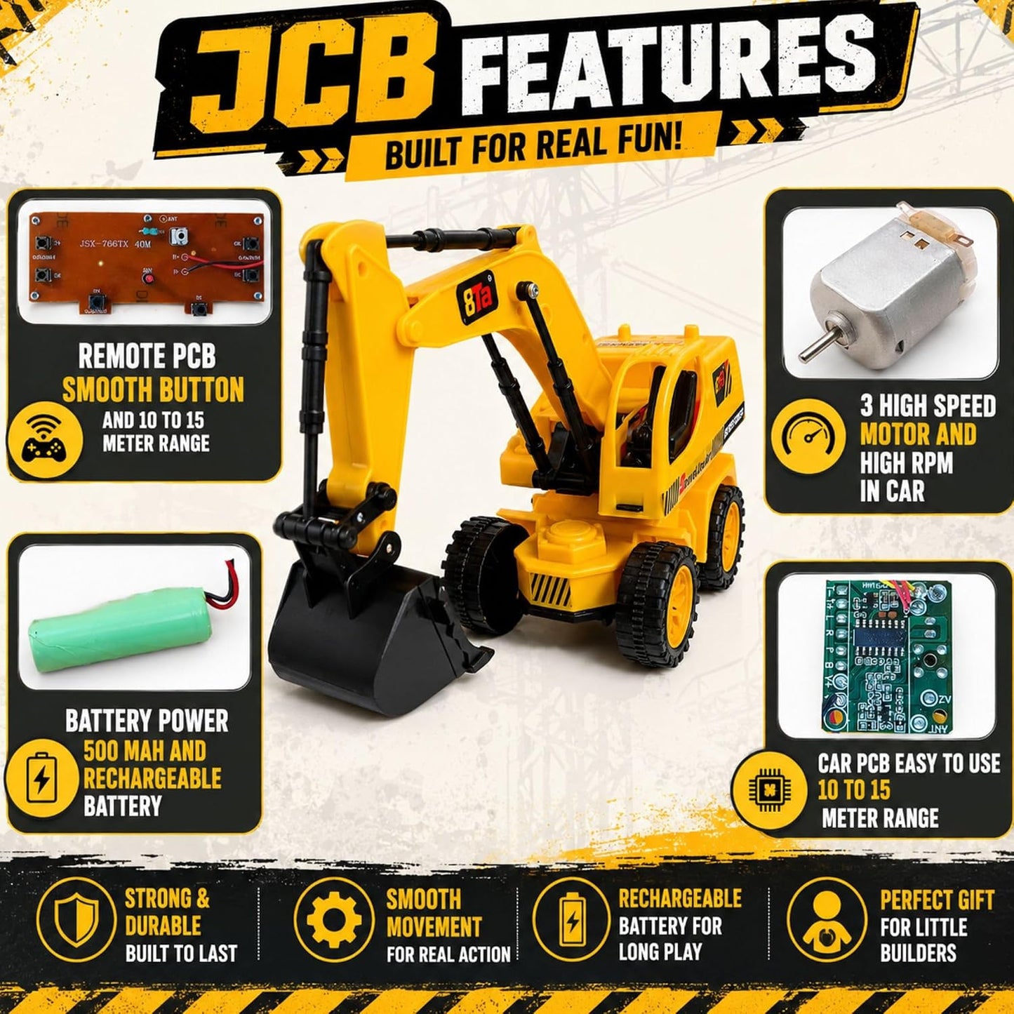 Remote Control JCB Excavator Toy for Kids, Rechargeable Construction Digger with USB Charging, 6 Function Controller, Realistic Arm Movement, LED Lights...