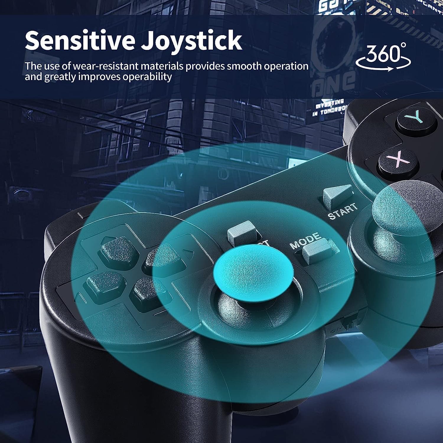 Close-up of a gaming controller with a sensitive joystick feature highlighted.