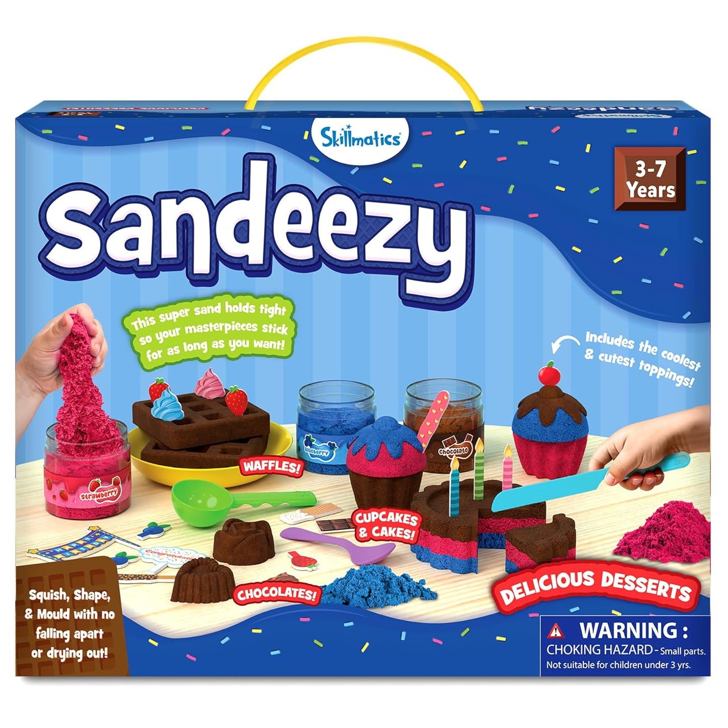 Sandeezy toy set packaging with colorful text and images of children playing with sand.