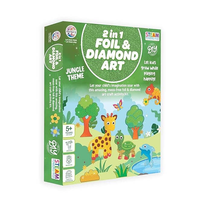 RATNA'S 2 in 1 Foil & Diamond Art & Craft Kit, Jungle Theme, Mess Free Creative STEAM Learning Activity Set DIY Kit for Kids Ages 5+ Years