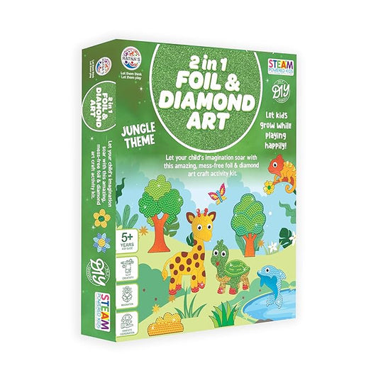 RATNA'S 2 in 1 Foil & Diamond Art & Craft Kit, Jungle Theme, Mess Free Creative STEAM Learning Activity Set DIY Kit for Kids Ages 5+ Years