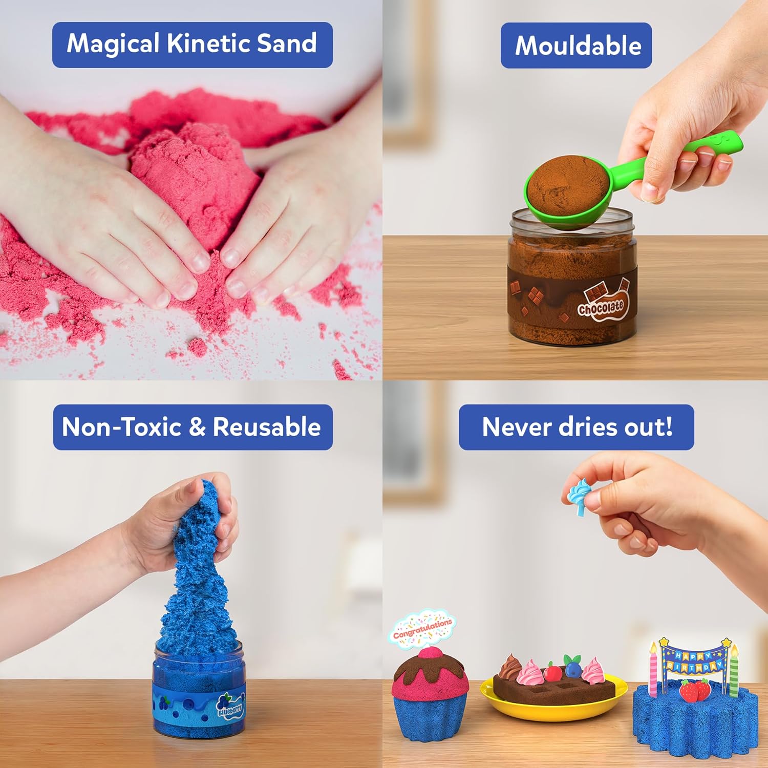 Collage of hands playing with colorful kinetic sand, emphasizing its malleable nature, non-toxicity, and reusability.
