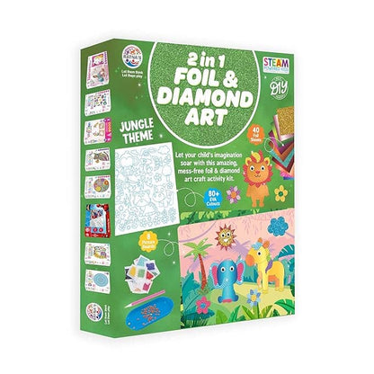 RATNA'S 2 in 1 Foil & Diamond Art & Craft Kit, Jungle Theme, Mess Free Creative STEAM Learning Activity Set DIY Kit for Kids Ages 5+ Years