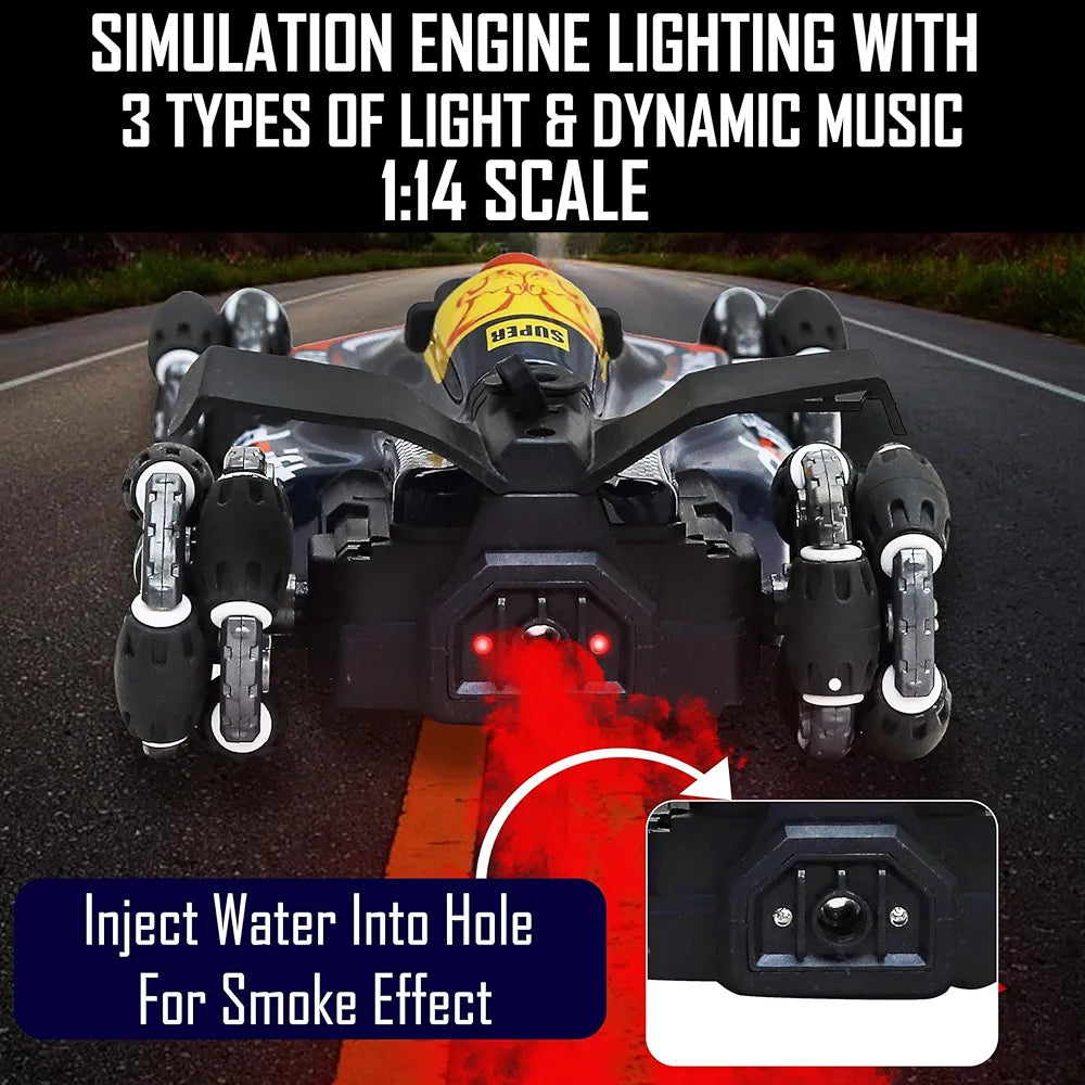 RC 4x4 Formula F1 Drift Smoke Car Toy 1:14 Scale 2.4Ghz Hand Sensor Gesture Control Sports Racing Car 360° Rotation 3 Lights Music Spin Stunt Remote Control Cars for 4+ 5+ 6+ Boys Girl Adults