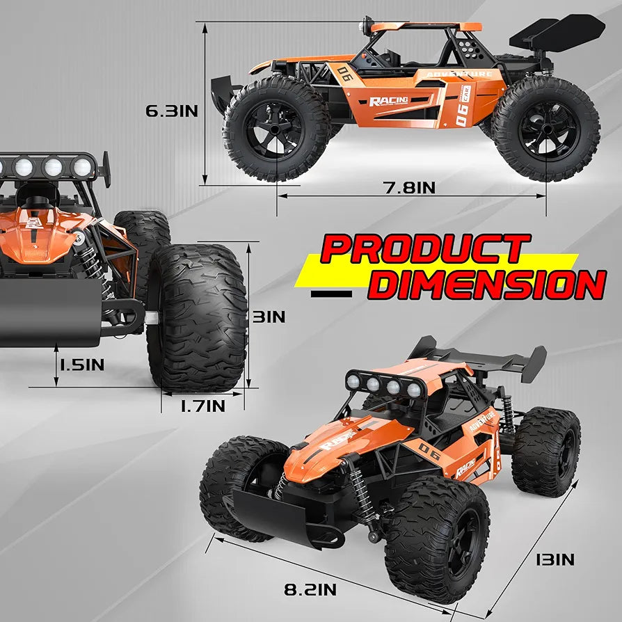 RC Monster Truck for Kids Ages 4–8, 1:12 Remote Control Car with Alloy Shell, 15.5 MPH (25KM/H) Fast Off Road Orange RC Car with 2 Speed Modes & LED Lights, 2.4GHz Easy Control Toy Gift for Boys