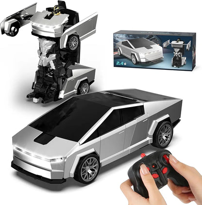 Transform RC Cyber Pickup Truck Cars Robot Toy for Kids, 2.4GHz Remote Control Car with One-Button Deformation 360° Rotation LED Lights Valentine's Day Birthday Gifts for Boys