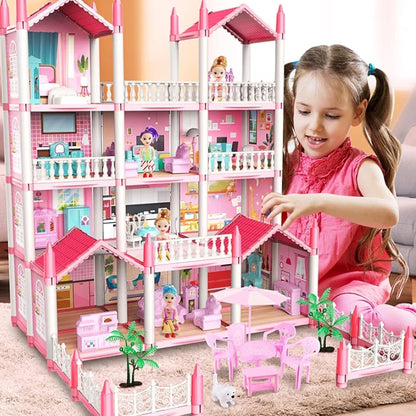 Doll House Girls Toys,3-Story 9 Rooms Playhouse with 2 Dolls Toy Figures with Light,Accessories, Furniture Pretend Play Gift Toys for 3 4 5 6 7 Year Old Girls Multi Color