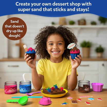 Child playing with a dessert shop toy set on a table, with text about super sand.