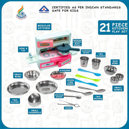 Sunny 21 Pieces Pure Veg Jumbo Kitchen Play Set with Plastic Kitchen Stand & Stainless Steel Utensils