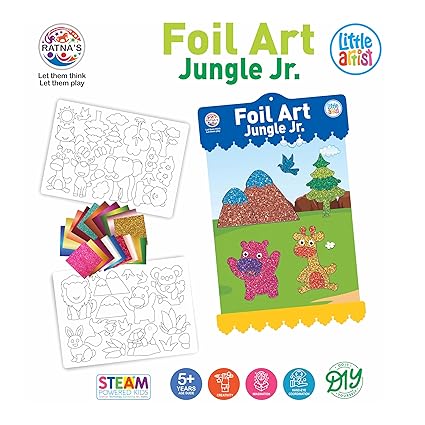 RATNA'S Foil Art Jungle Junior Craft Kit, STEAM Powered Art & Craft Kit, Foil Fun Mess Free Creative Activity DIY Kit for Kids
