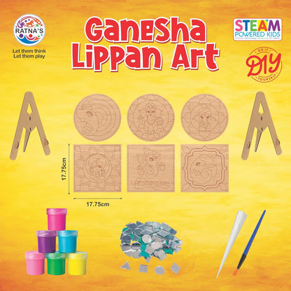 RATNA'S Ganesha Lippan Art DIY Craft Kit, 6 Wooden Art Pieces, Mirror Work Set with Colours, Frames