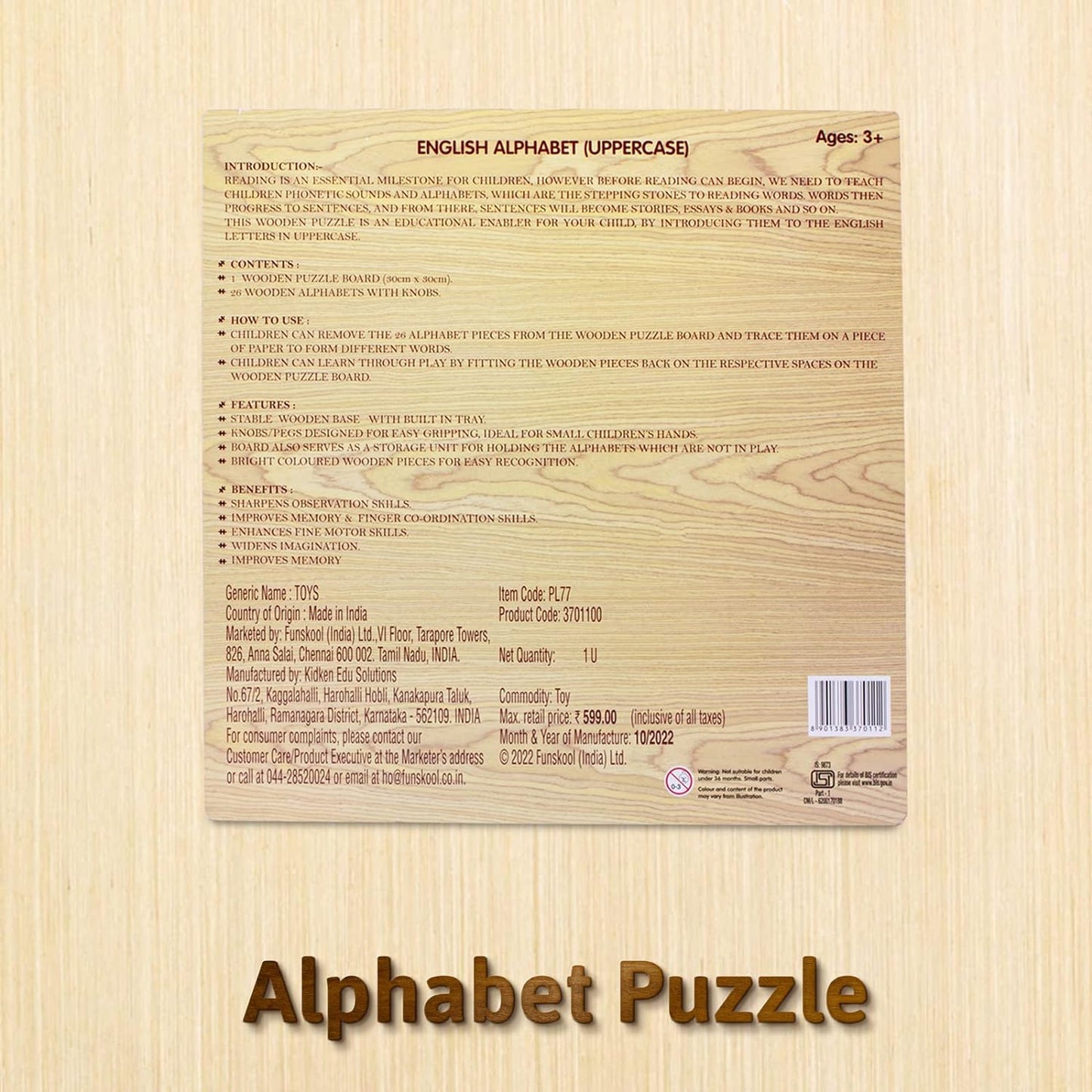 Funskool Alphabet Wooden ABC Puzzle Shape Learning Puzzles Game (26 Pcs) for Kids