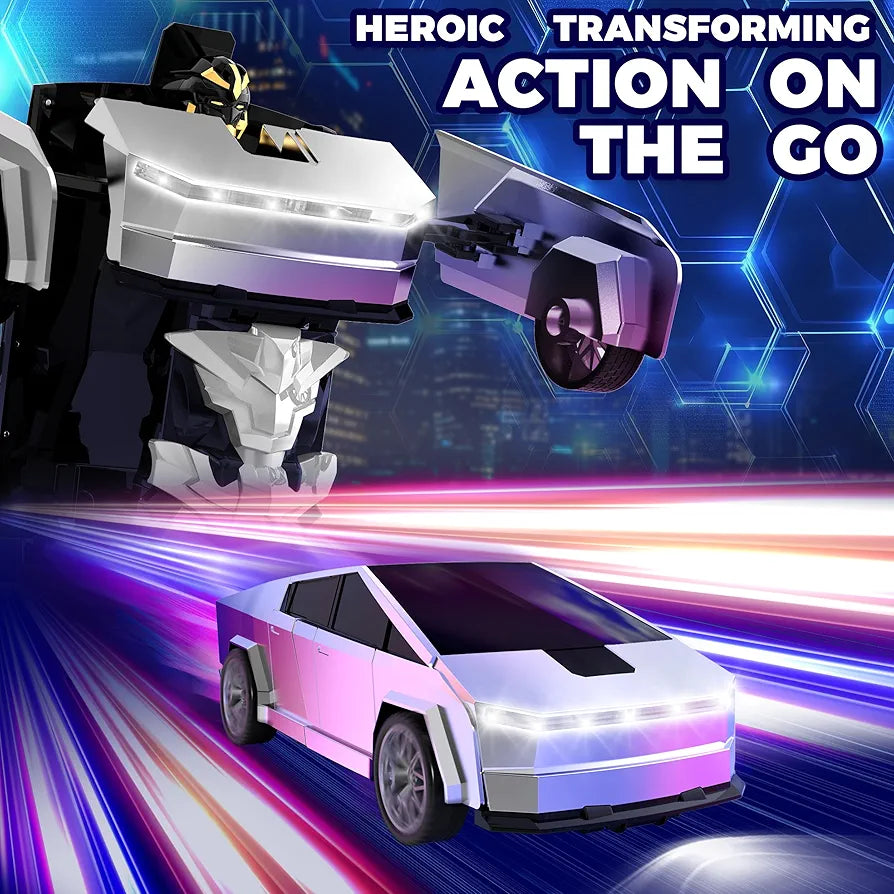 Transform RC Cyber Pickup Truck Cars Robot Toy for Kids, 2.4GHz Remote Control Car with One-Button Deformation 360° Rotation LED Lights Valentine's Day Birthday Gifts for Boys