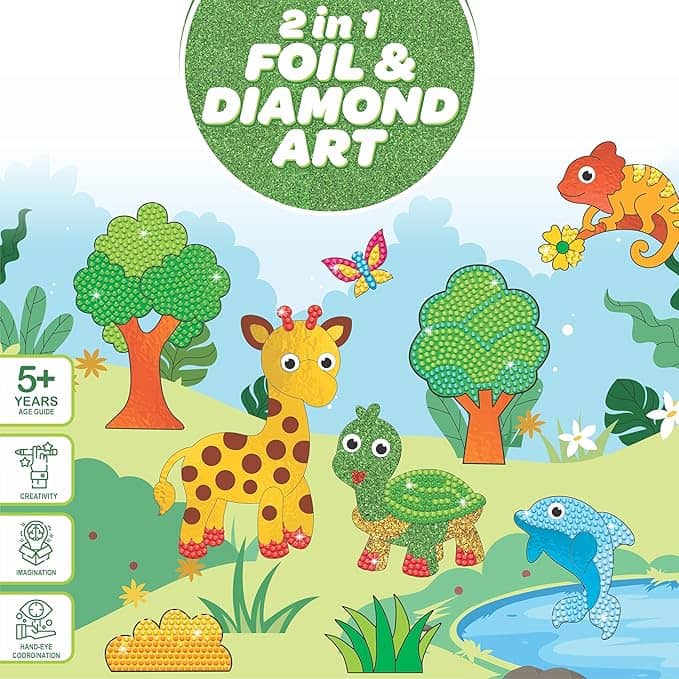 RATNA'S 2 in 1 Foil & Diamond Art & Craft Kit, Jungle Theme, Mess Free Creative STEAM Learning Activity Set DIY Kit for Kids Ages 5+ Years