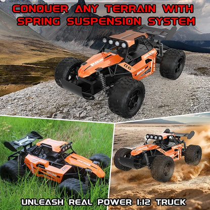 RC Monster Truck for Kids Ages 4–8, 1:12 Remote Control Car with Alloy Shell, 15.5 MPH (25KM/H) Fast Off Road Orange RC Car with 2 Speed Modes & LED Lights, 2.4GHz Easy Control Toy Gift for Boys