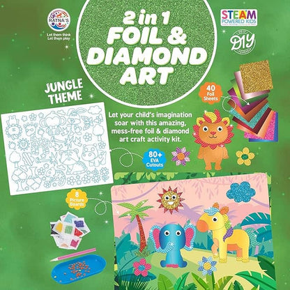 RATNA'S 2 in 1 Foil & Diamond Art & Craft Kit, Jungle Theme, Mess Free Creative STEAM Learning Activity Set DIY Kit for Kids Ages 5+ Years
