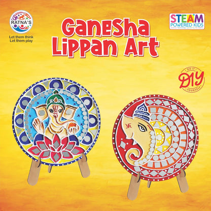 RATNA'S Ganesha Lippan Art DIY Craft Kit, 6 Wooden Art Pieces, Mirror Work Set with Colours, Frames