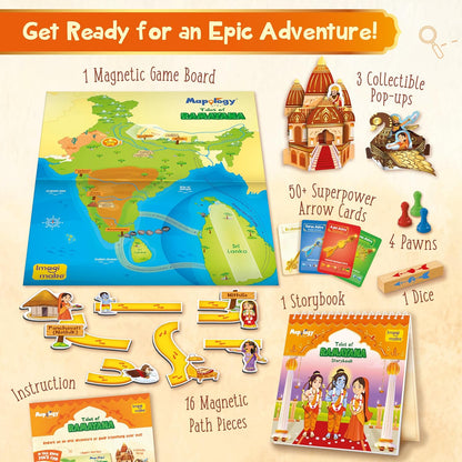 Imagimake Mapology Tales of Ramayana | 3-in-1 Fun Family Board Game | Magnetic Path Puzzle |