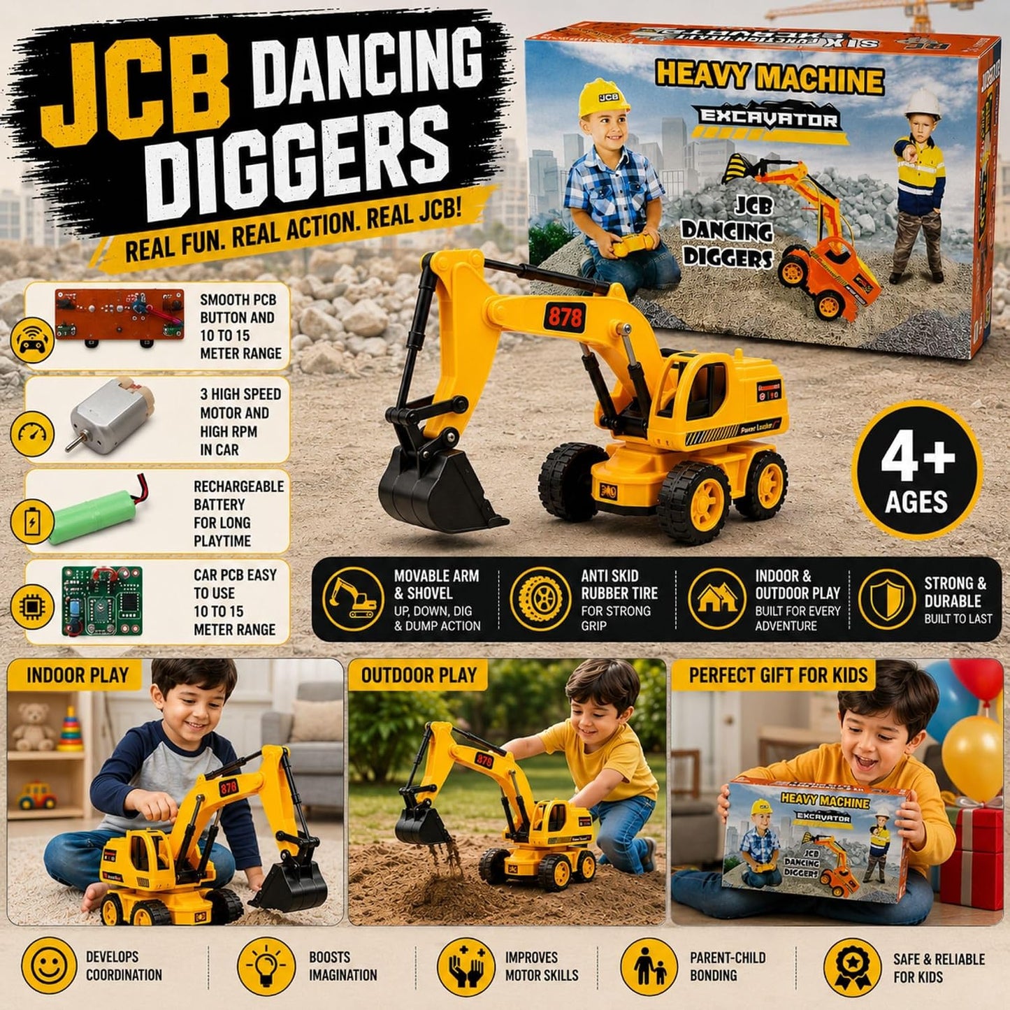 Remote Control JCB Excavator Toy for Kids, Rechargeable Construction Digger with USB Charging, 6 Function Controller, Realistic Arm Movement, LED Lights...