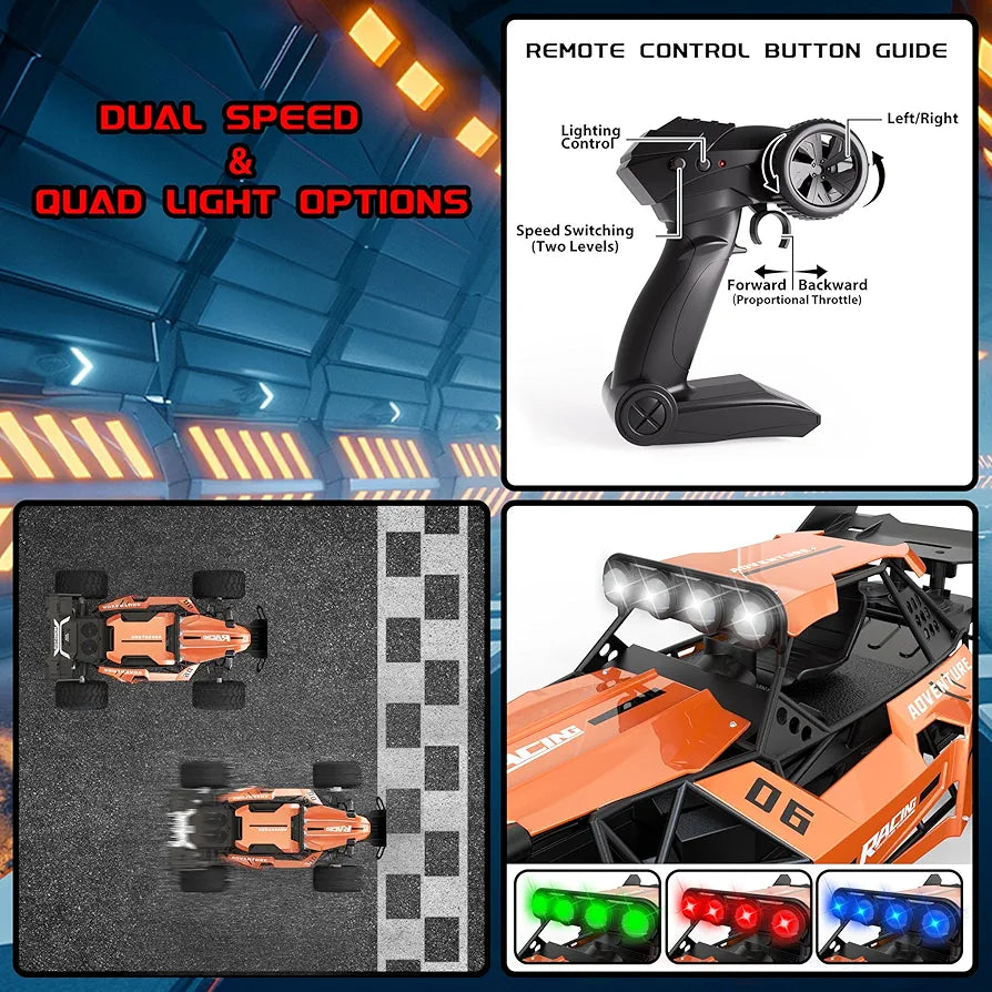 RC Monster Truck for Kids Ages 4–8, 1:12 Remote Control Car with Alloy Shell, 15.5 MPH (25KM/H) Fast Off Road Orange RC Car with 2 Speed Modes & LED Lights, 2.4GHz Easy Control Toy Gift for Boys