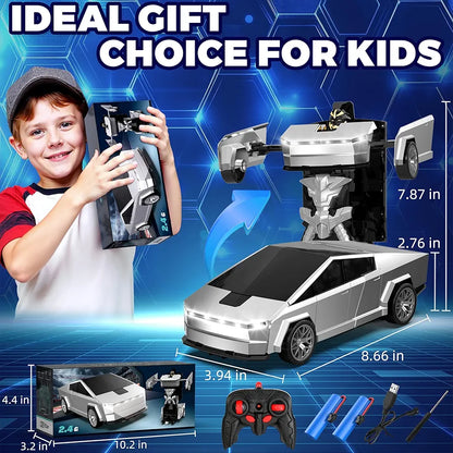 Transform RC Cyber Pickup Truck Cars Robot Toy for Kids, 2.4GHz Remote Control Car with One-Button Deformation 360° Rotation LED Lights Valentine's Day Birthday Gifts for Boys