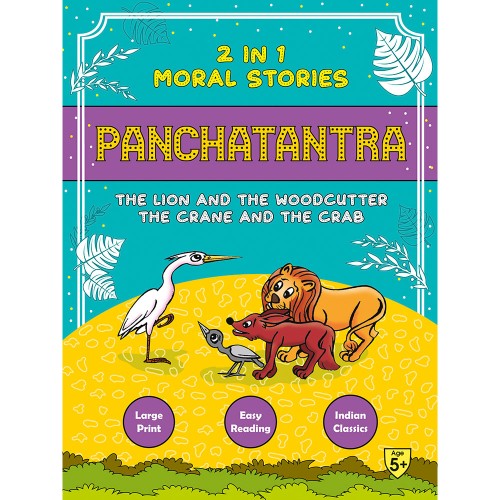 Book cover of 'Panchatantra' with illustrations of a lion, crane, and woodcutter