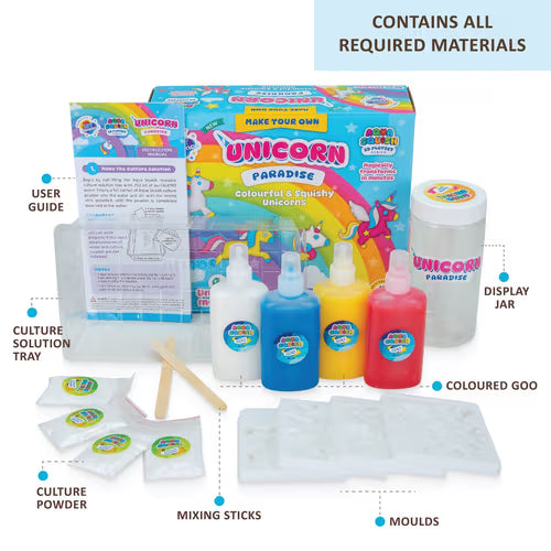 Unicorn-themed slime kit with packaging and bottles