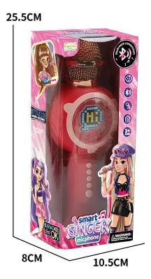 Toy packaging with a doll and microphone, featuring dimensions on a white background.