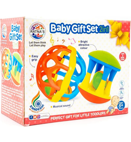Ratna's Baby Gift Set 2in1 Rattle Roller & Ball Rattle Set for Infants & Toddlers (Multicolor)